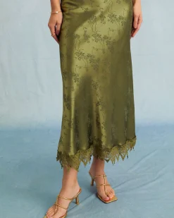 The Green Jacquard Cap Sleeve Satin Midi Dress