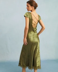 The Green Jacquard Cap Sleeve Satin Midi Dress