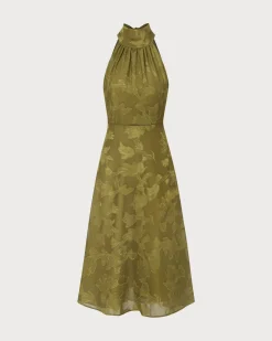 The Green Jacquard Ruched Halter Midi Dress