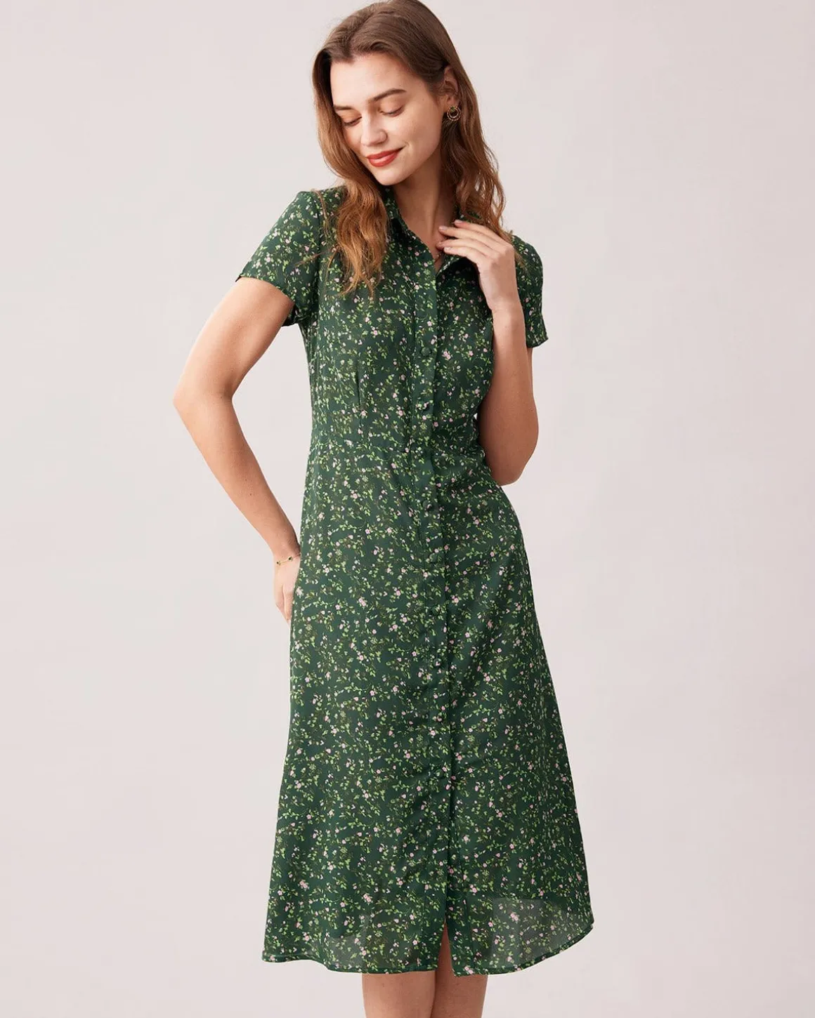 The Green Lapel Button Up Floral Midi Dress