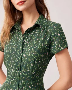The Green Lapel Button Up Floral Midi Dress