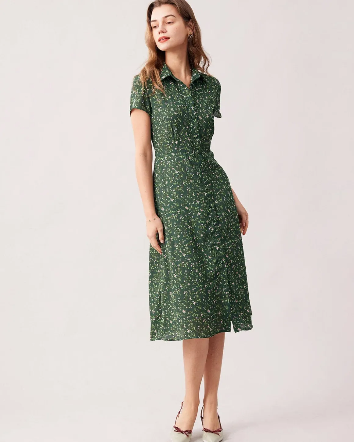 The Green Lapel Button Up Floral Midi Dress