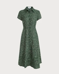 The Green Lapel Button Up Floral Midi Dress