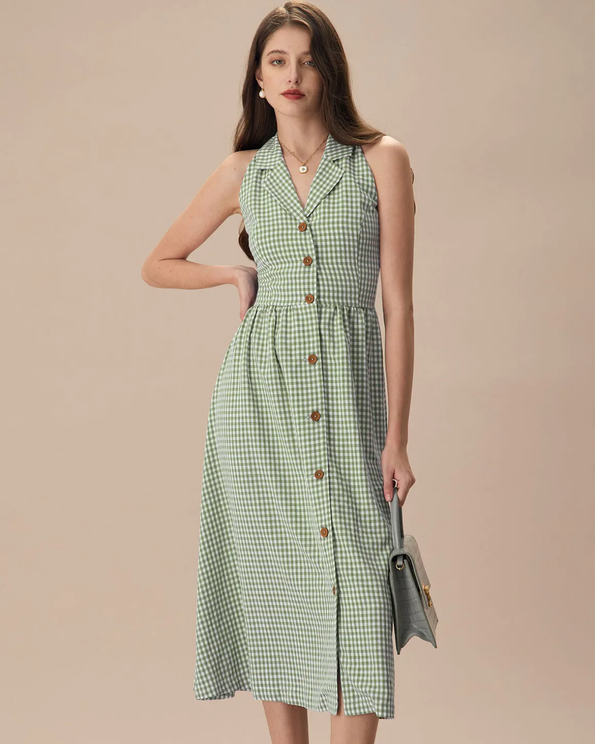 The Green Lapel Plaid Sleeveless Shirt Midi Dress