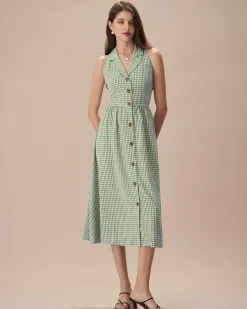 The Green Lapel Plaid Sleeveless Shirt Midi Dress