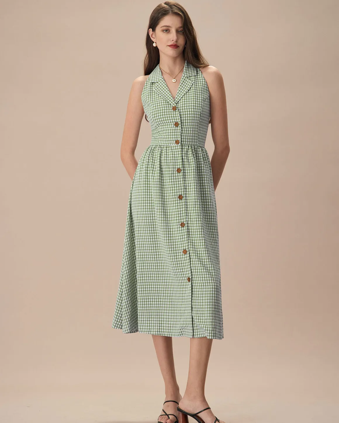 The Green Lapel Plaid Sleeveless Shirt Midi Dress