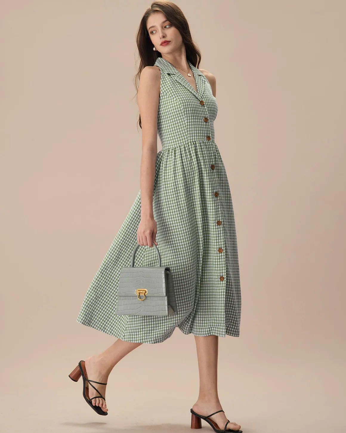 The Green Lapel Plaid Sleeveless Shirt Midi Dress
