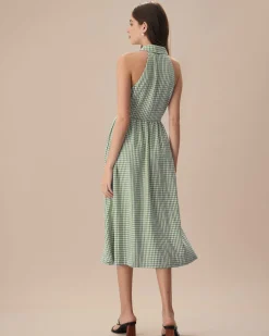 The Green Lapel Plaid Sleeveless Shirt Midi Dress