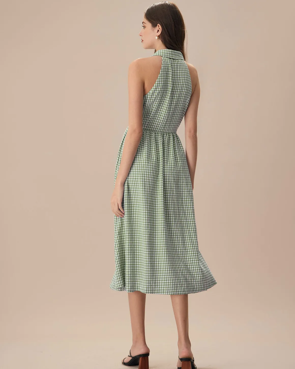 The Green Lapel Plaid Sleeveless Shirt Midi Dress