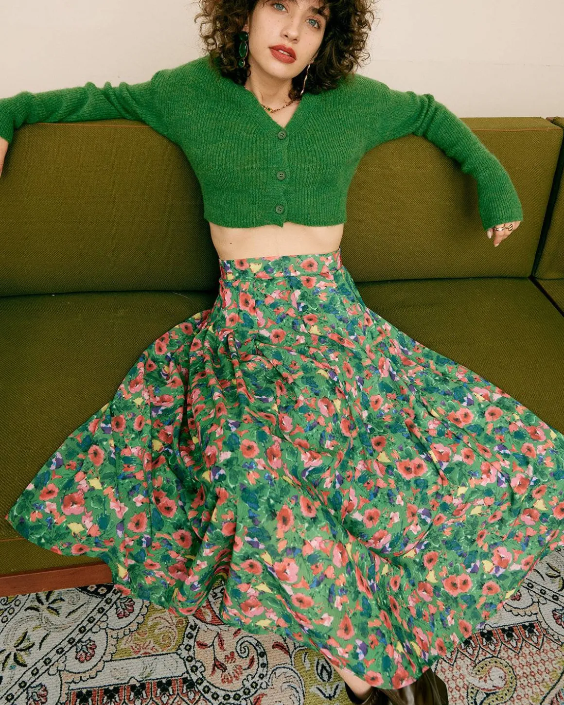 The Green Pleated Floral Skirt