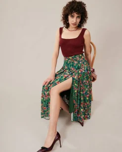 The Green Pleated Floral Skirt