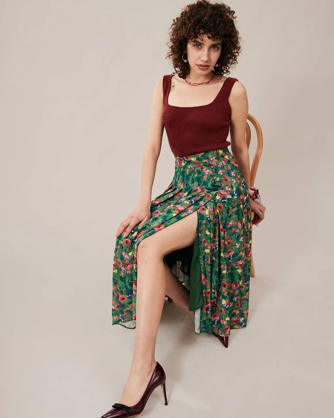 The Green Pleated Floral Skirt