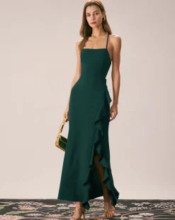 The Green Ruffle Cross Back Strap Maxi Dress