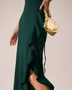 The Green Ruffle Cross Back Strap Maxi Dress