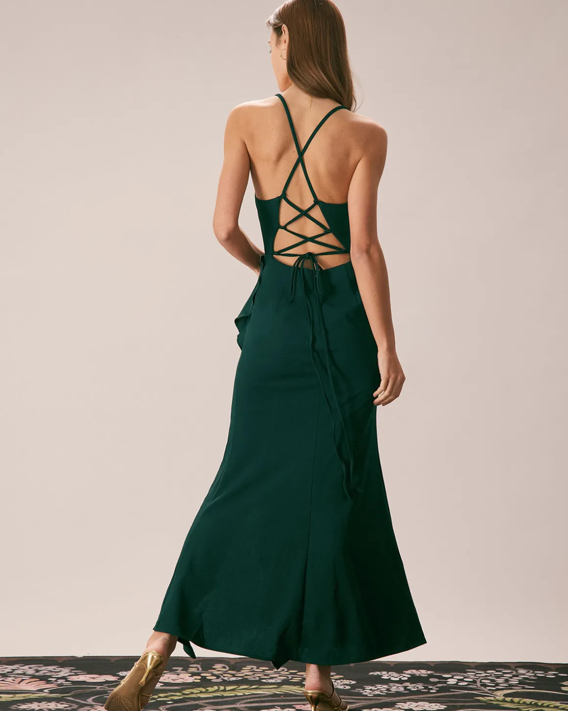 The Green Ruffle Cross Back Strap Maxi Dress