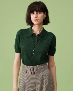 The Green Short Sleeve Textured Lapel Knit Tee