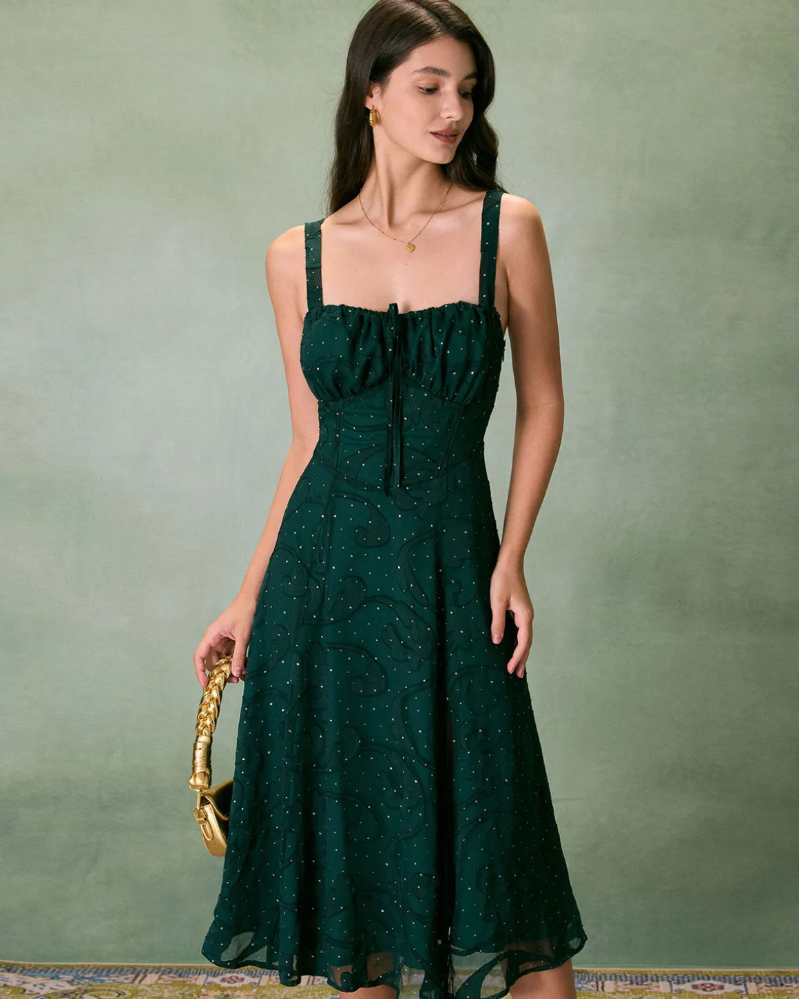 The Green Square Neck Jacquard Slit Midi Dress