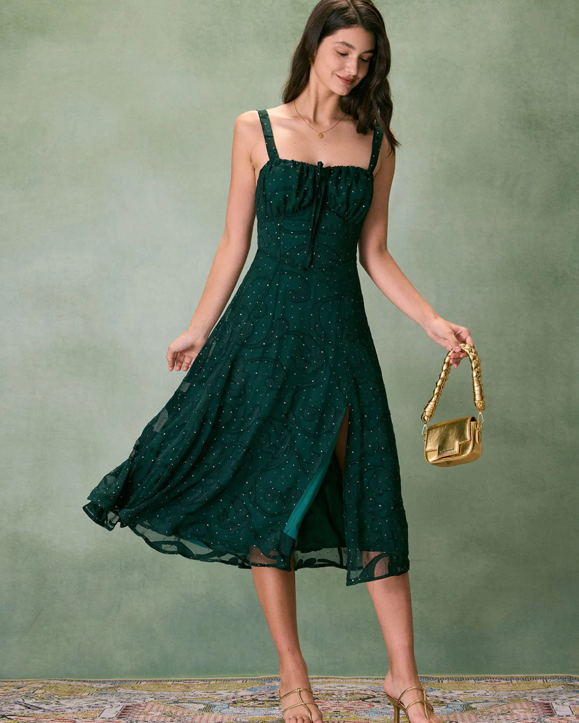 The Green Square Neck Jacquard Slit Midi Dress