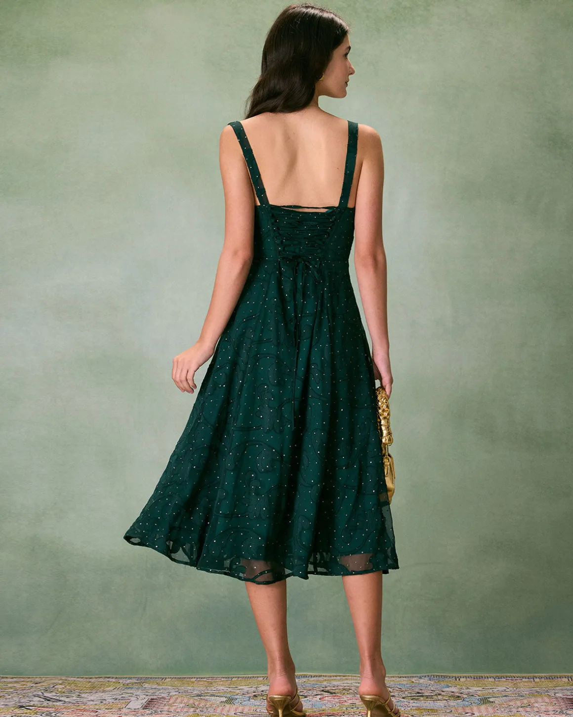 The Green Square Neck Jacquard Slit Midi Dress
