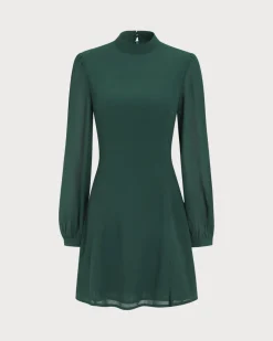 The Green Stand Collar Sheer Slit Mini Dress