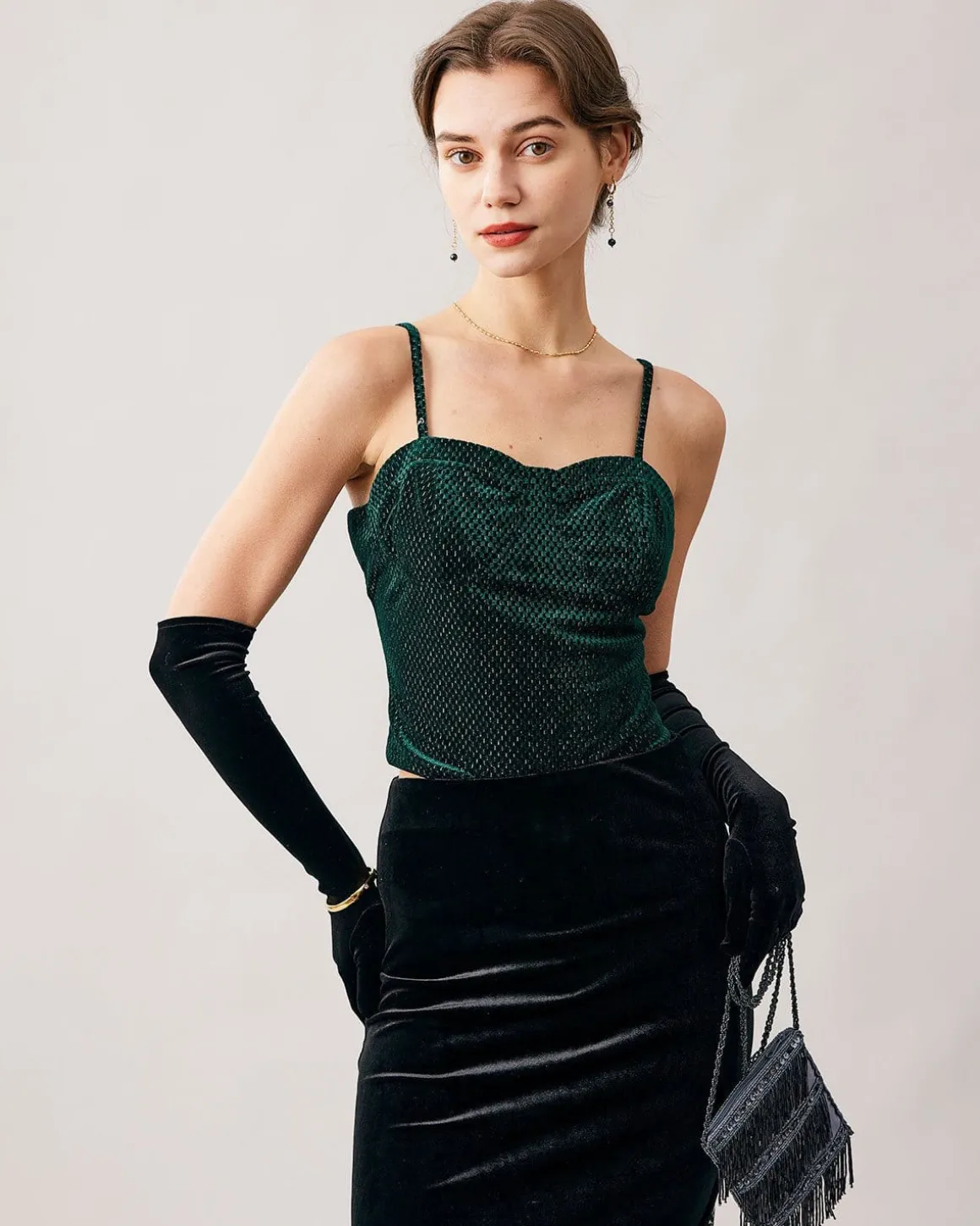 The Green Sweetheart Neck Velvet Crop Cami Top