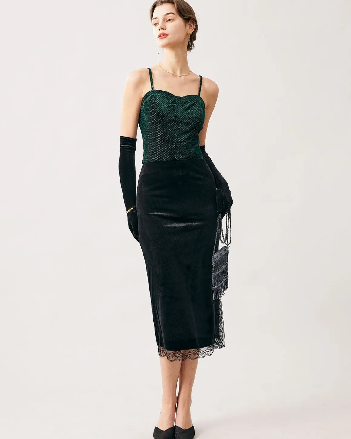 The Green Sweetheart Neck Velvet Crop Cami Top