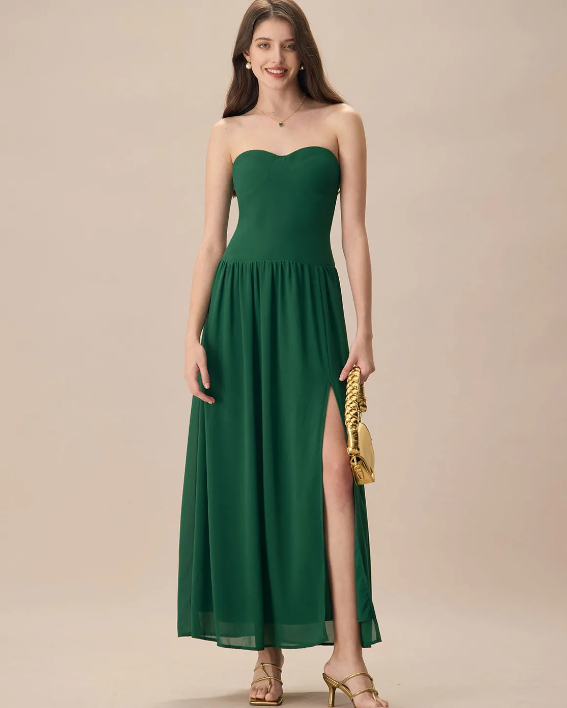 The Green Sweetheart Neck Ruched Maxi Dress