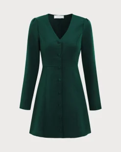The Green V Neck Button Shirt Mini Dress