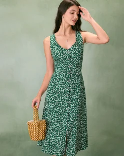 The Green V Neck Floral Button Midi Dress
