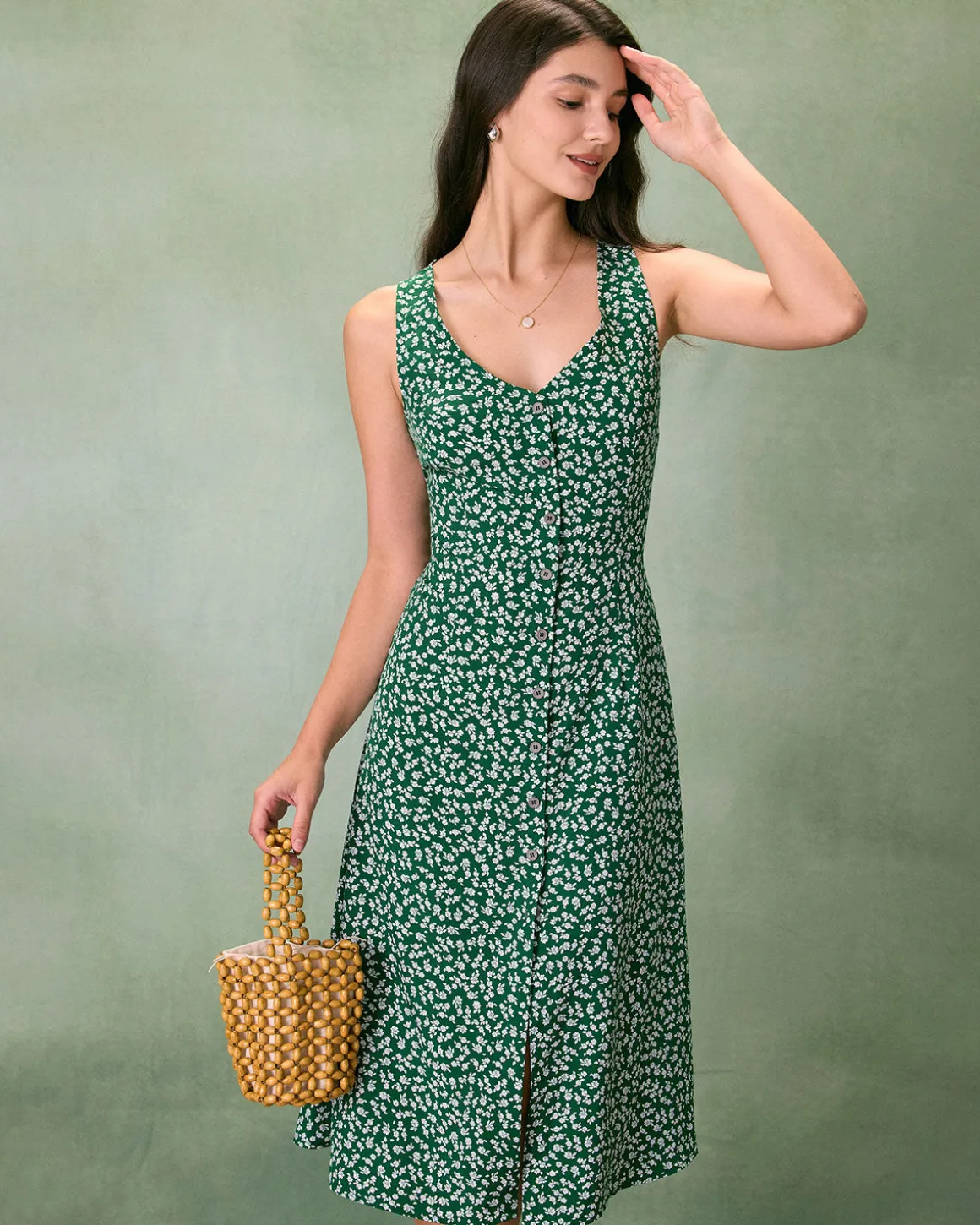 The Green V Neck Floral Button Midi Dress