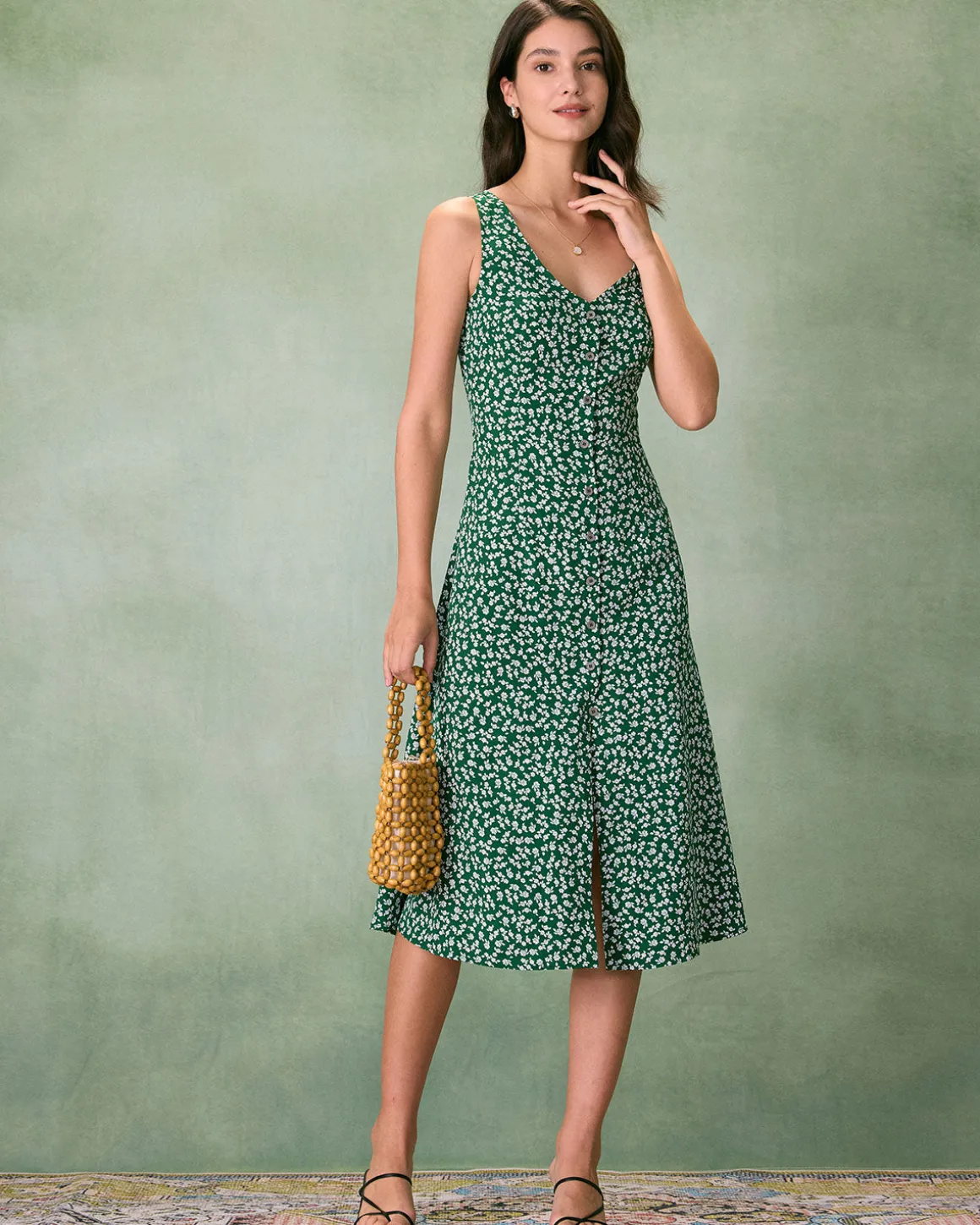 The Green V Neck Floral Button Midi Dress