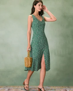 The Green V Neck Floral Button Midi Dress