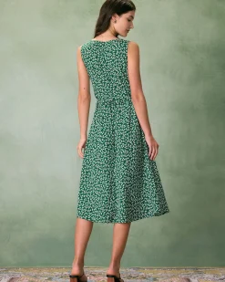 The Green V Neck Floral Button Midi Dress