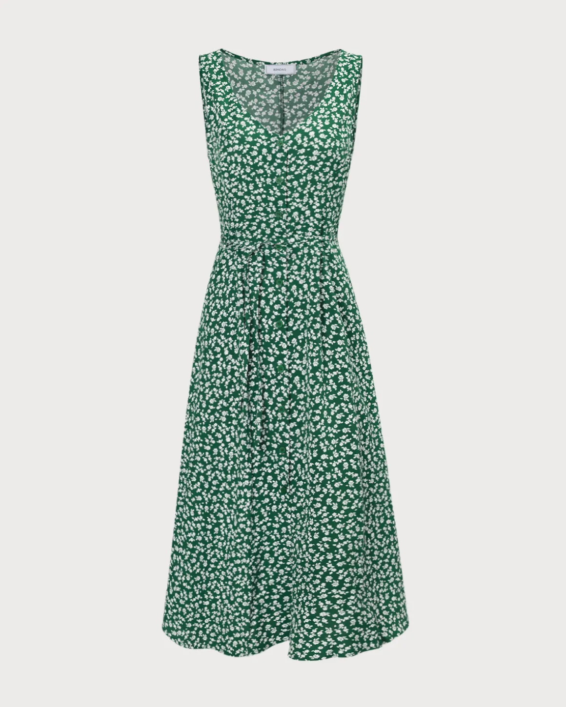 The Green V Neck Floral Button Midi Dress
