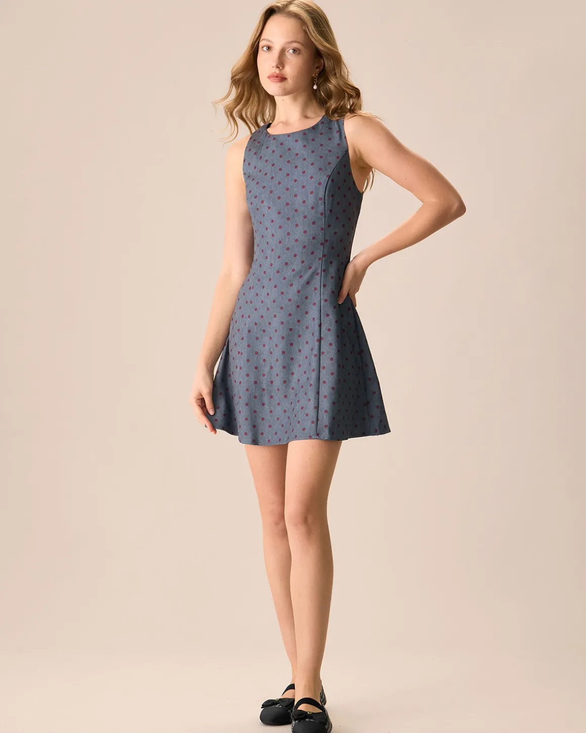 The Grey Round Neck Polka Dot Mini Dress