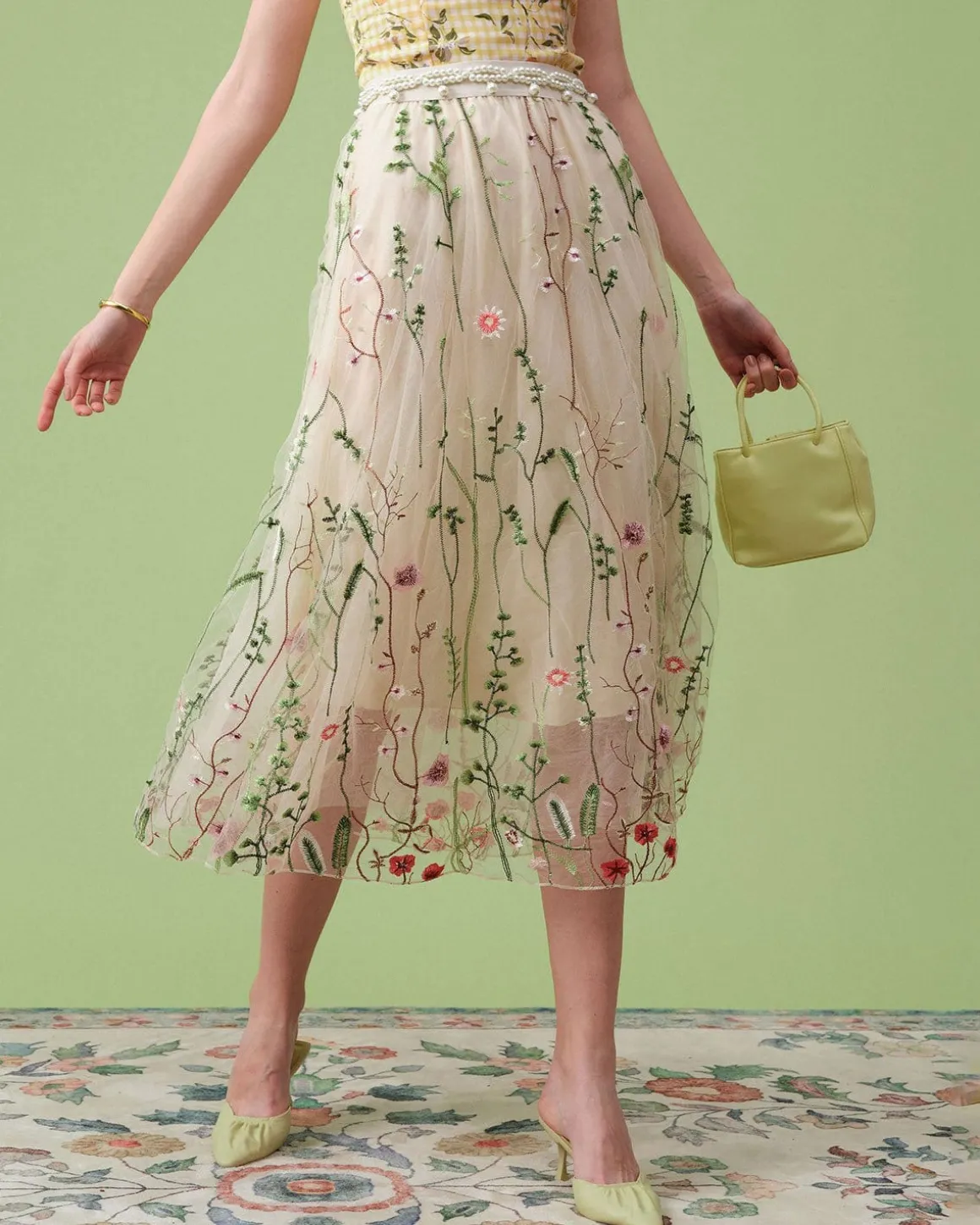 The High Waisted Floral Embroidery A-line Midi Skirt