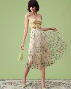 The High Waisted Floral Embroidery A-line Midi Skirt
