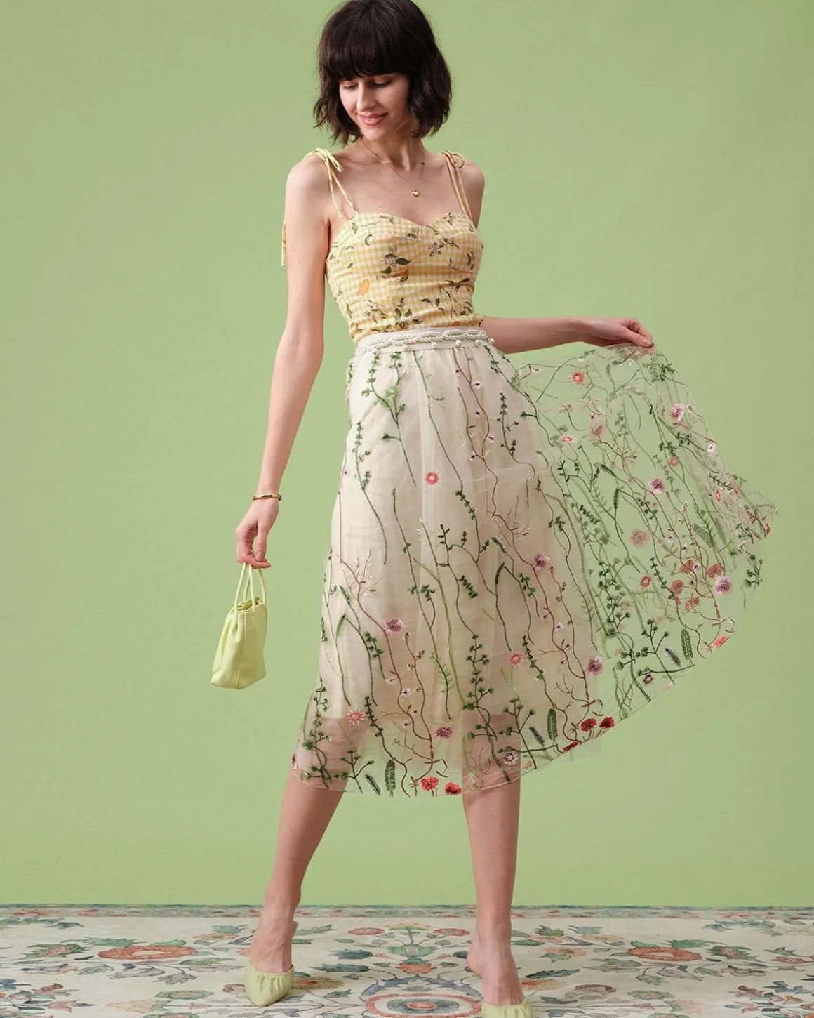 The High Waisted Floral Embroidery A-line Midi Skirt