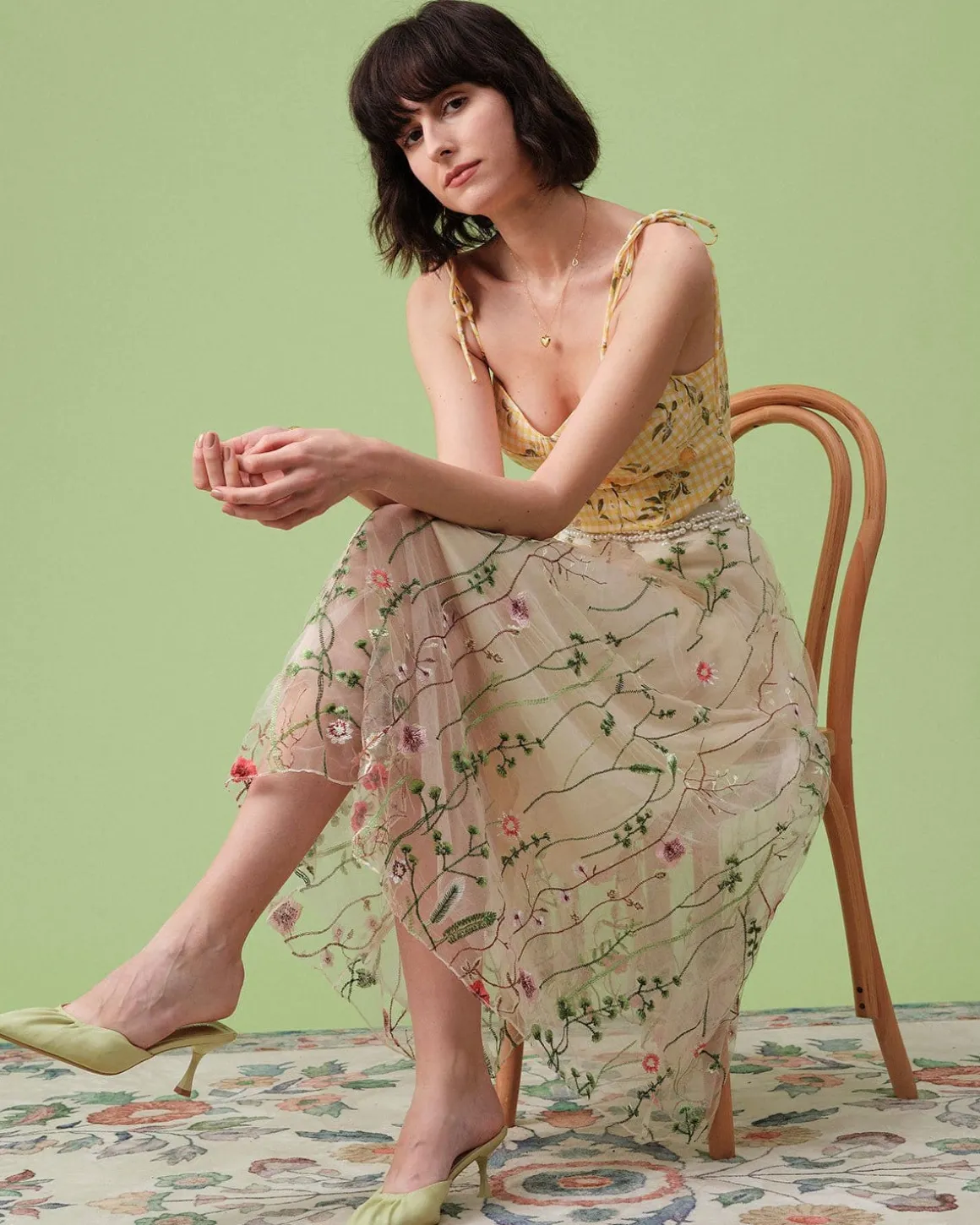 The High Waisted Floral Embroidery A-line Midi Skirt