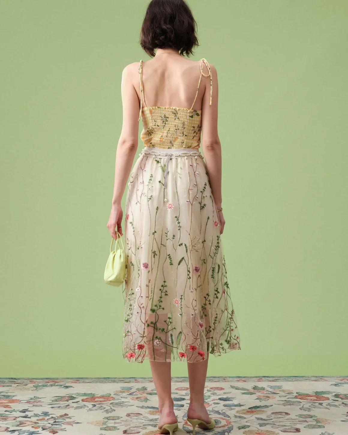 The High Waisted Floral Embroidery A-line Midi Skirt