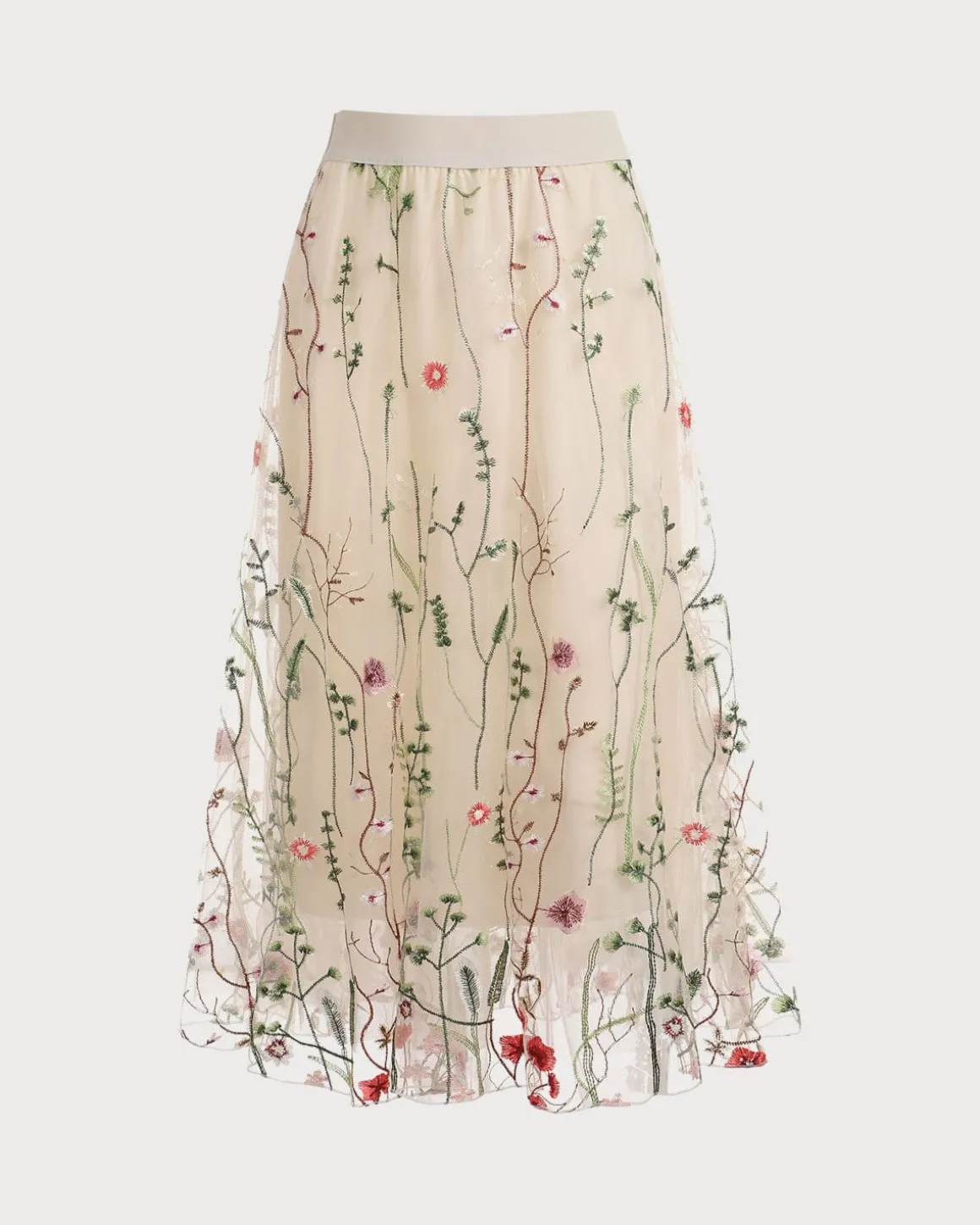 The High Waisted Floral Embroidery A-line Midi Skirt