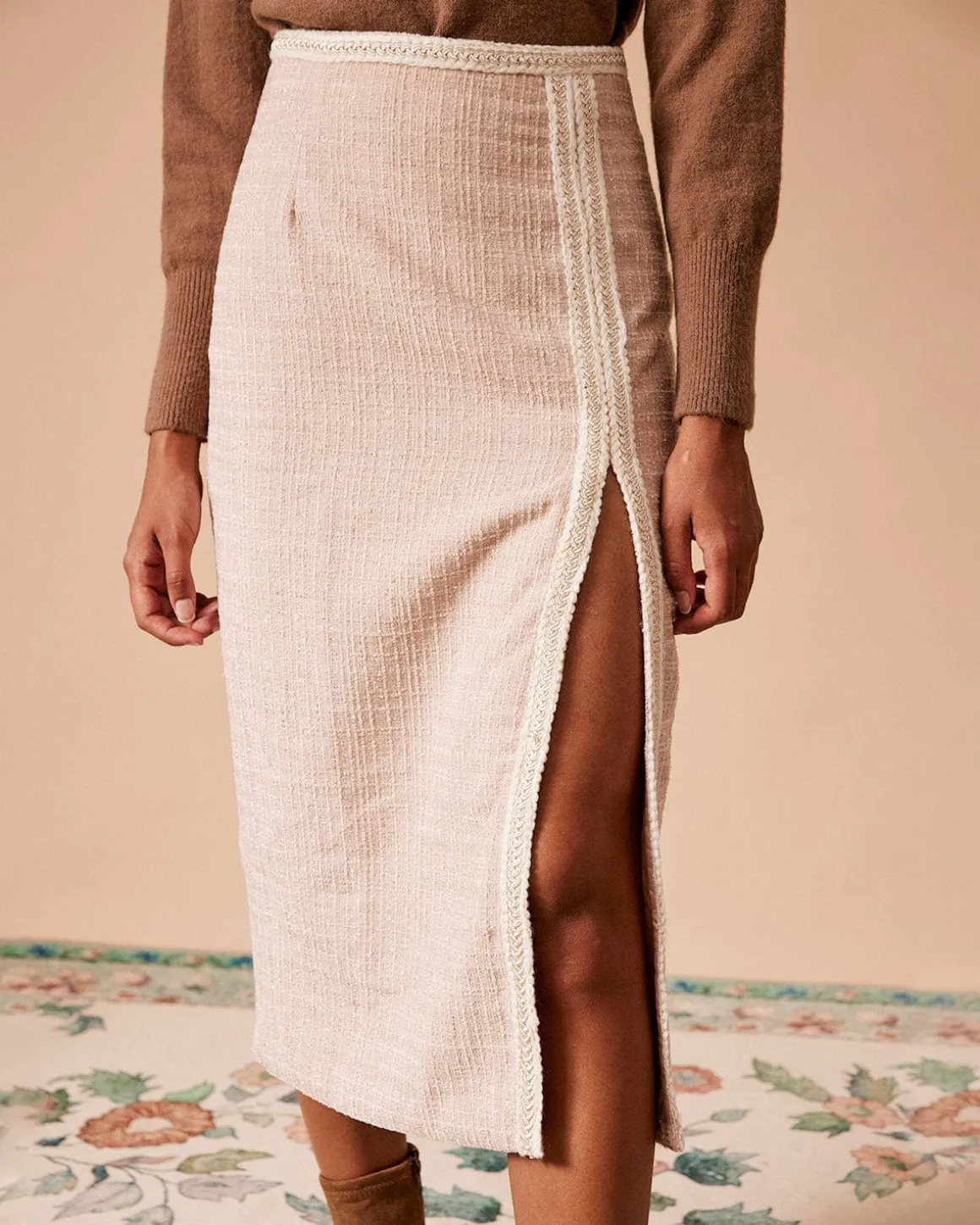 The High Waisted Side Slit Tweed Skirt
