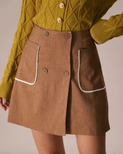 The Khaki Contrast Trim Button Mini Skirt