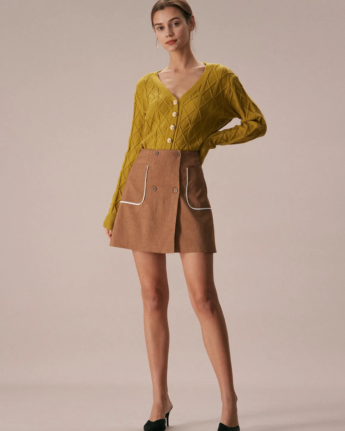 The Khaki Contrast Trim Button Mini Skirt