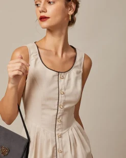 The Khaki Round Neck A-Line Midi Dress