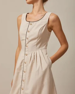 The Khaki Round Neck A-Line Midi Dress