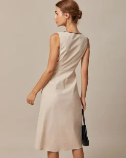 The Khaki Round Neck A-Line Midi Dress