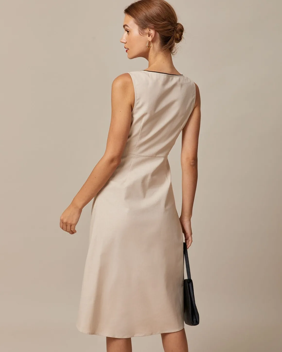 The Khaki Round Neck A-Line Midi Dress