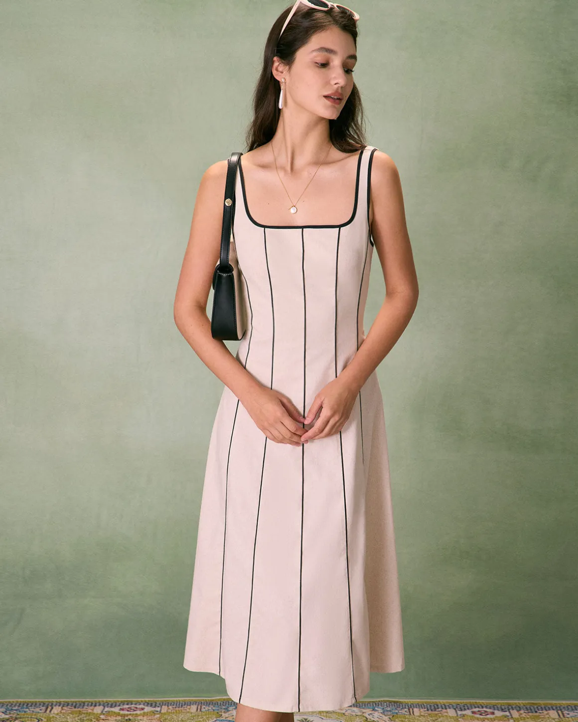 The Khaki Square Neck Contrast Midi Dress
