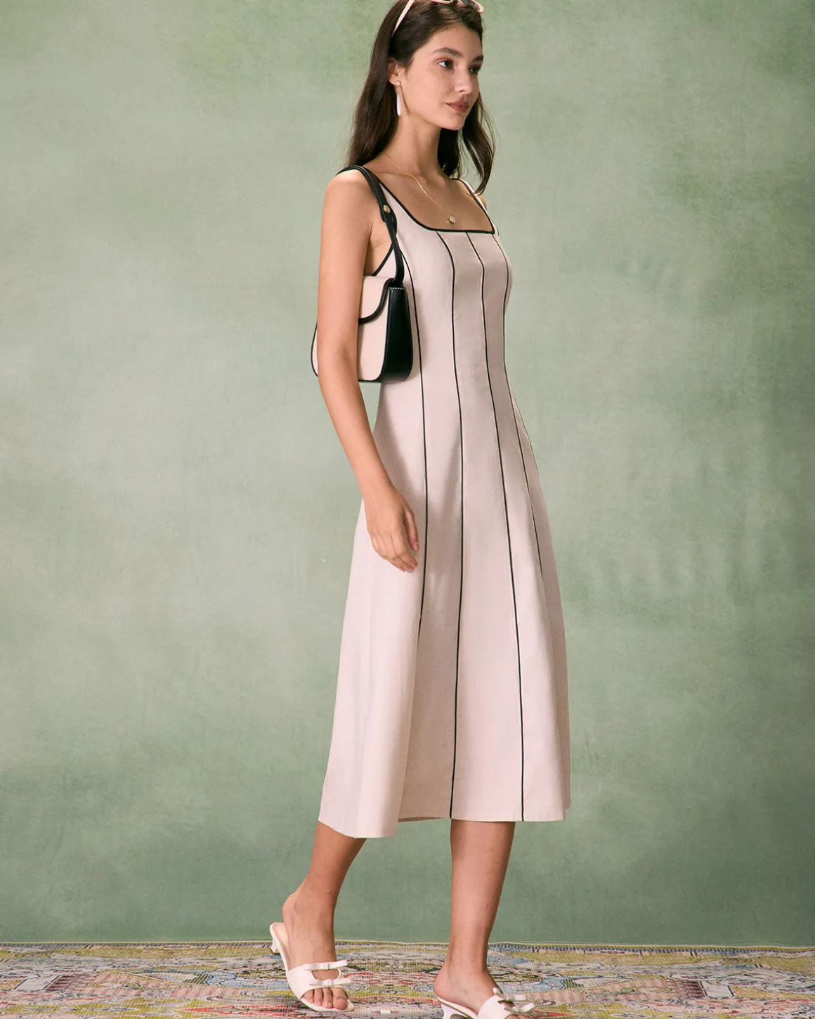 The Khaki Square Neck Contrast Midi Dress